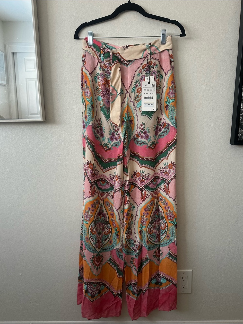 Zara Wide Leg Paisley Print Tie Waist Pants - Pink Multi